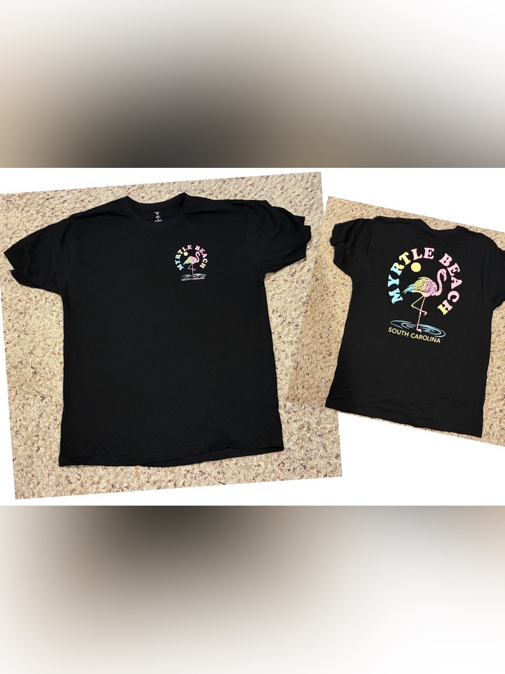 Unisex Women’s Myrtle Beach Flamingo T Shirt Tee Black Pastel Large Short Sleeve